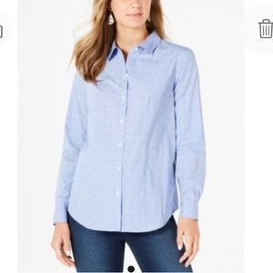 NEW Charter Club Cotton Button Down Top, Size 14, Blue with Blue White Dots